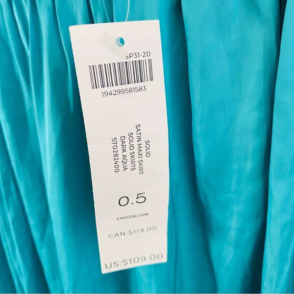 Chico’s NWT Dark Aqua Solid Satin Stretch Waist Flowy Maxi Skirt Size 6 - Picture 2 of 7
